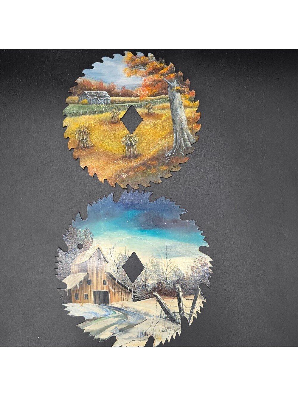 Vintage Hand Painted Saw Blade Art Pair 7" Barn Scenes Autumn Winter 1983